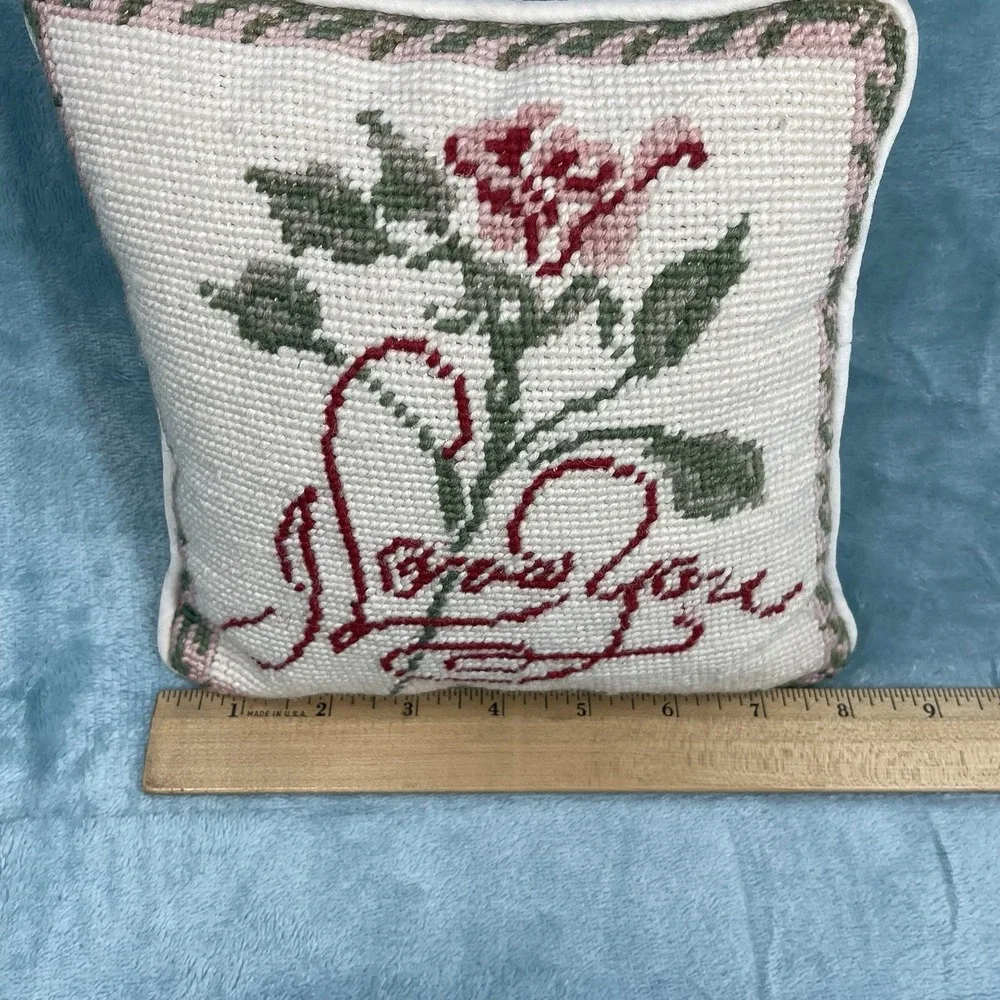 Vintage Hand-Stitched Needlepoint Accent Pillow I Love You Floral Beige 8x8